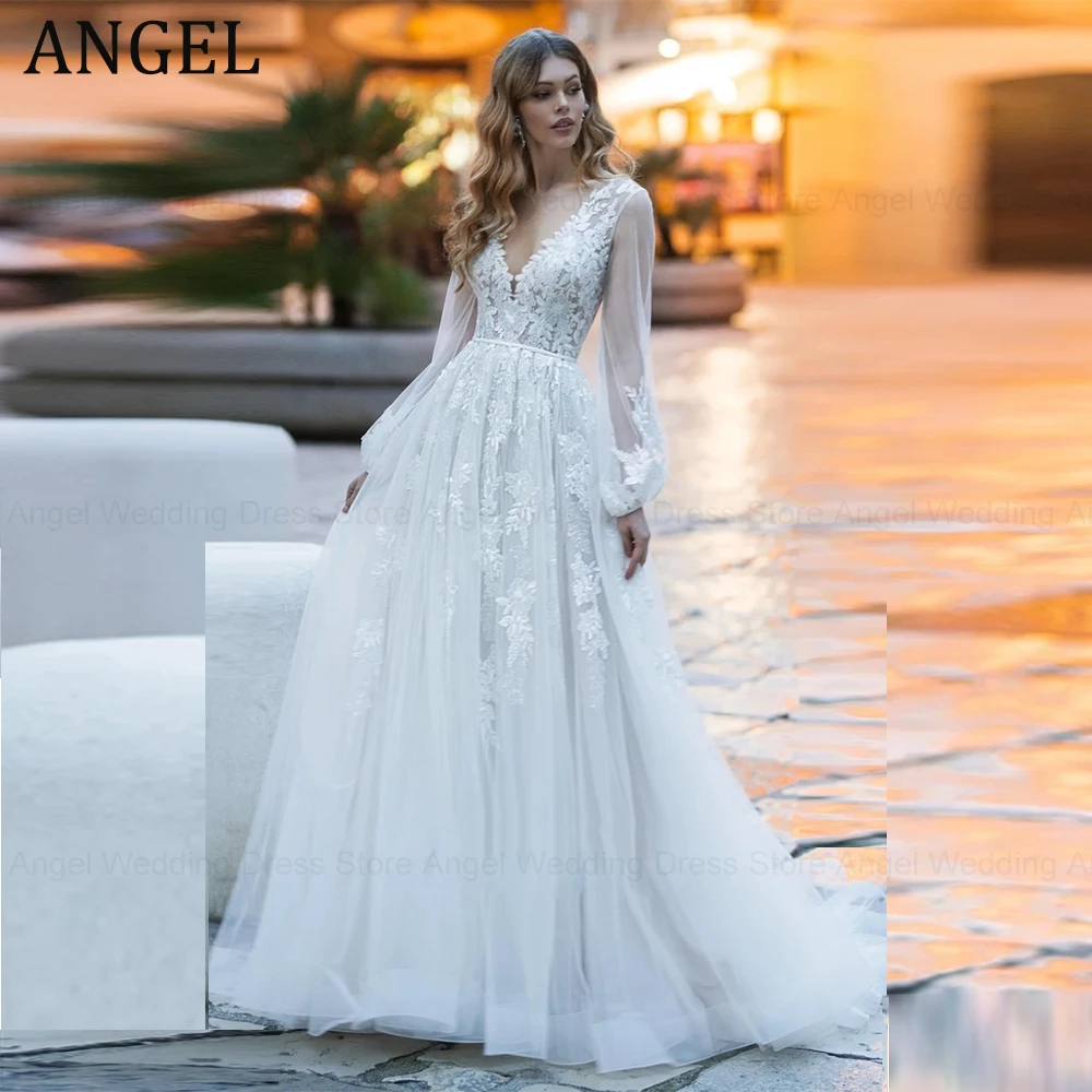 

ANGEL Princess Wedding Dress For Bride V-Neck Puff Sleeves Lace Applique Bridal Gowns A-Line Zipper Back Vestidos De Novia