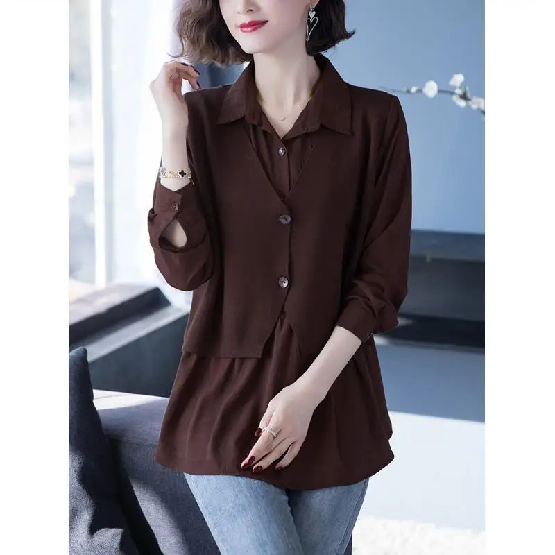 Fashion Lapel Solid Color Spliced Fake Two Pieces Blouses Women\'s Clothing 2023 Autumn Winter Loose Casual Tops Commuter Shirts