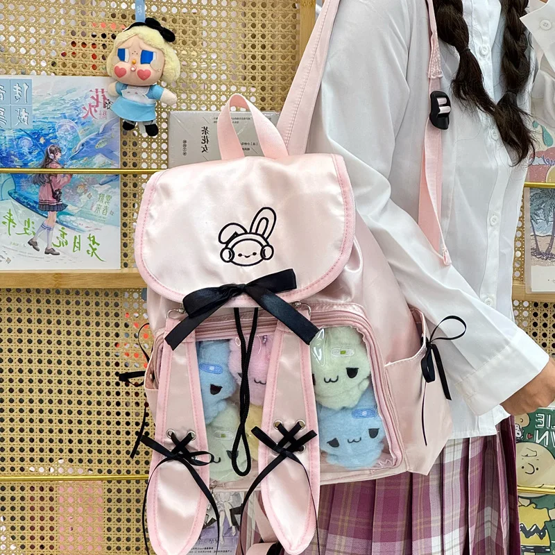 Ita Bag for Women Cartoon Rabbit Print Large Capacity Backpack Transparent Pocket PU Leather Pink/Blue/Silver School Daily Casua
