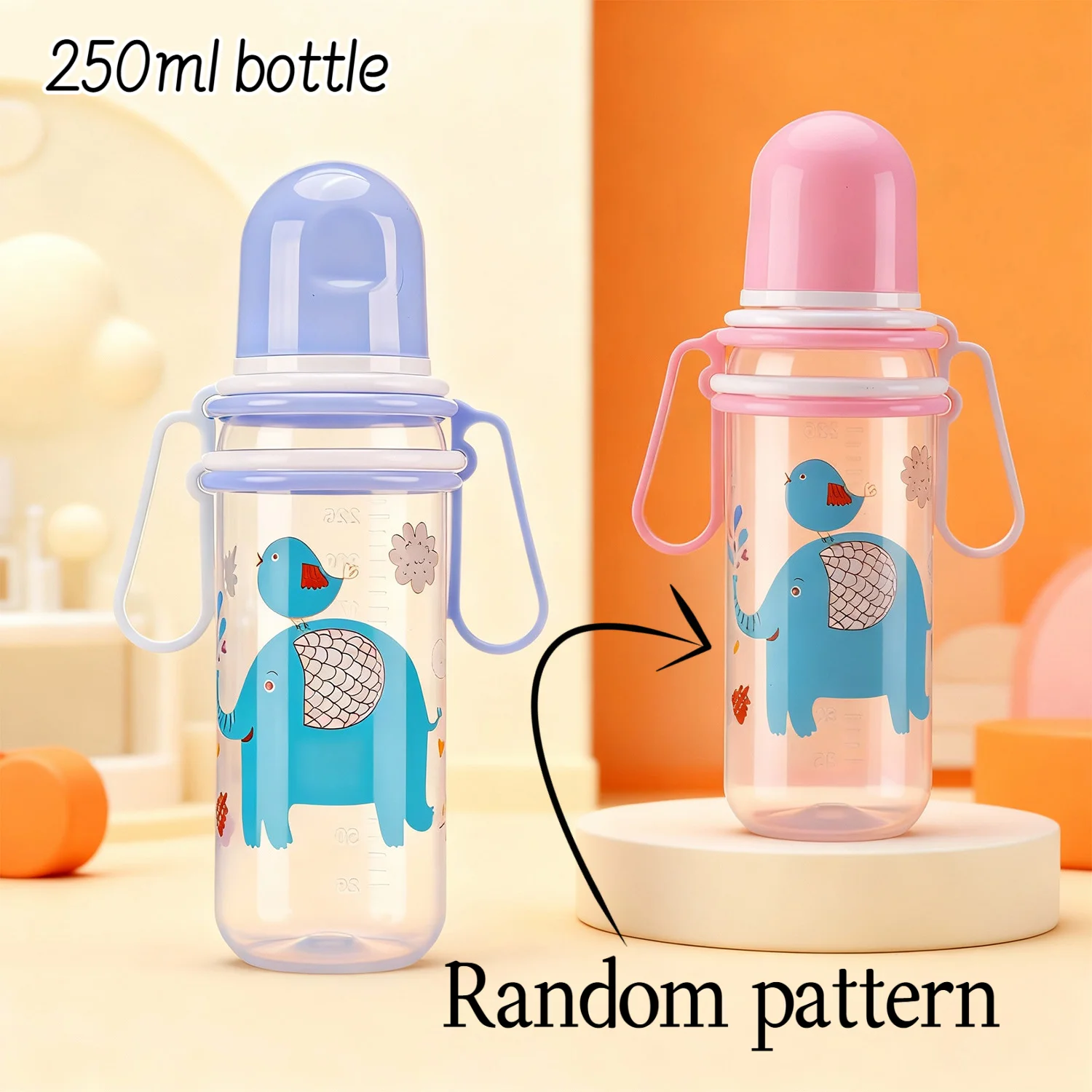 زجاجة أطفال 250 مل مع مقبض عيار قياسي زجاجة أطفال حديثي الولادة مستقيمة من السيليكون كوب ماء مقاوم للعض بنمط عشوائي #1