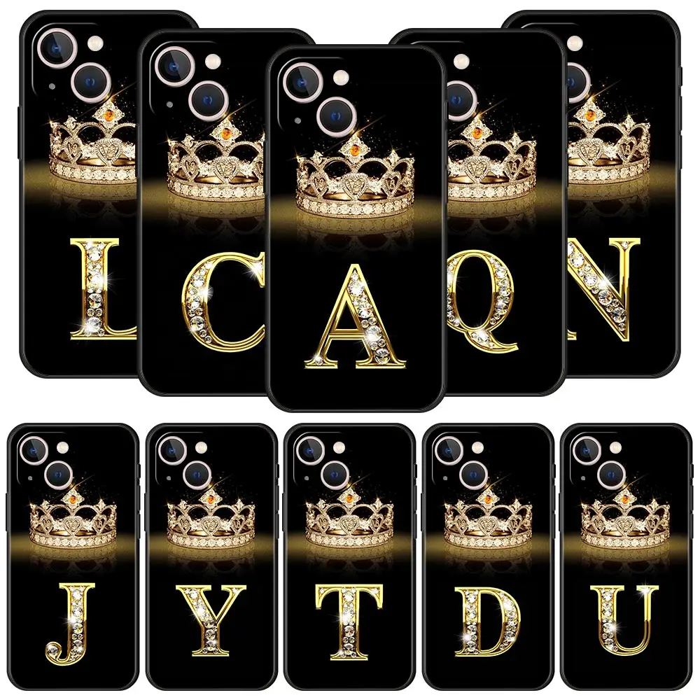 Luxury Phone Case For iPhone 11 12 13 15 16 14 Pro Max X XR XS 7 8 Plus 2020 Soft Cover Funda Fashion Diamond Crown Letter A