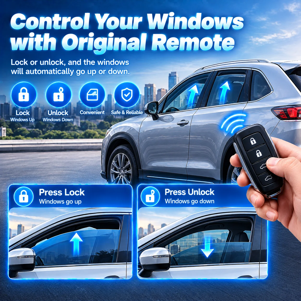Dedicated upgrade kit for Infiniti G25/G37 (2012+) enabling one-touch automatic window closing and automatic side mirror folding