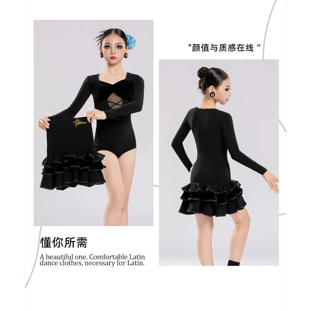 2026 Latin Dance Performance Dress For Girls Long Sleeve Mesh Top Skirt Outfits Samba Chacha Tango Latin Practice Wear