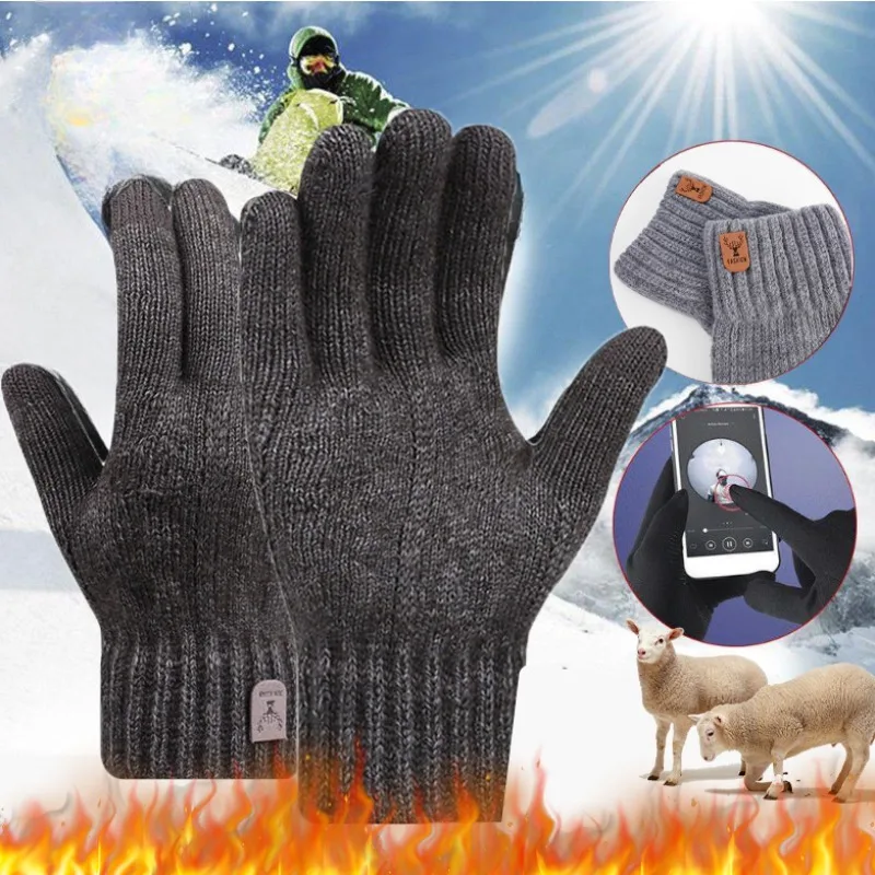 Winter Fleece Gloves Cold Warm Wool Knitted Gloves for Women Men Use Mobile phone Non Slip Plus Velvet Mittens Driving Han