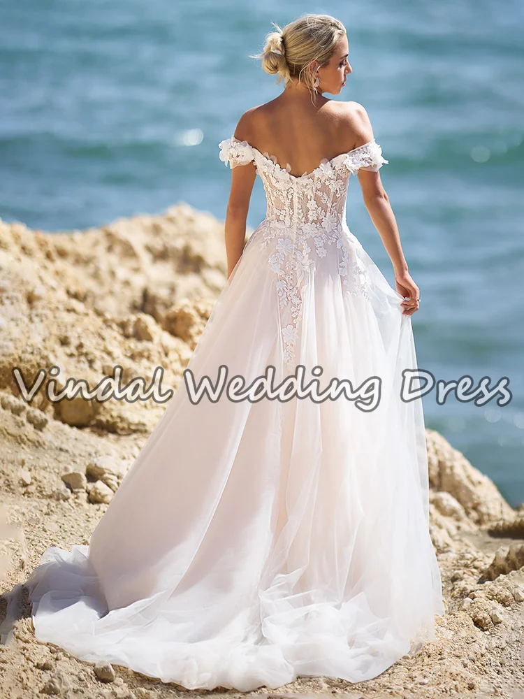 신부를위한 로맨틱한 오프 숄더 라인 웨딩 드레스 꽃 레이스 아플리케 튤 볼 가운 신부 가운 Abito da Sposa 맞춤형