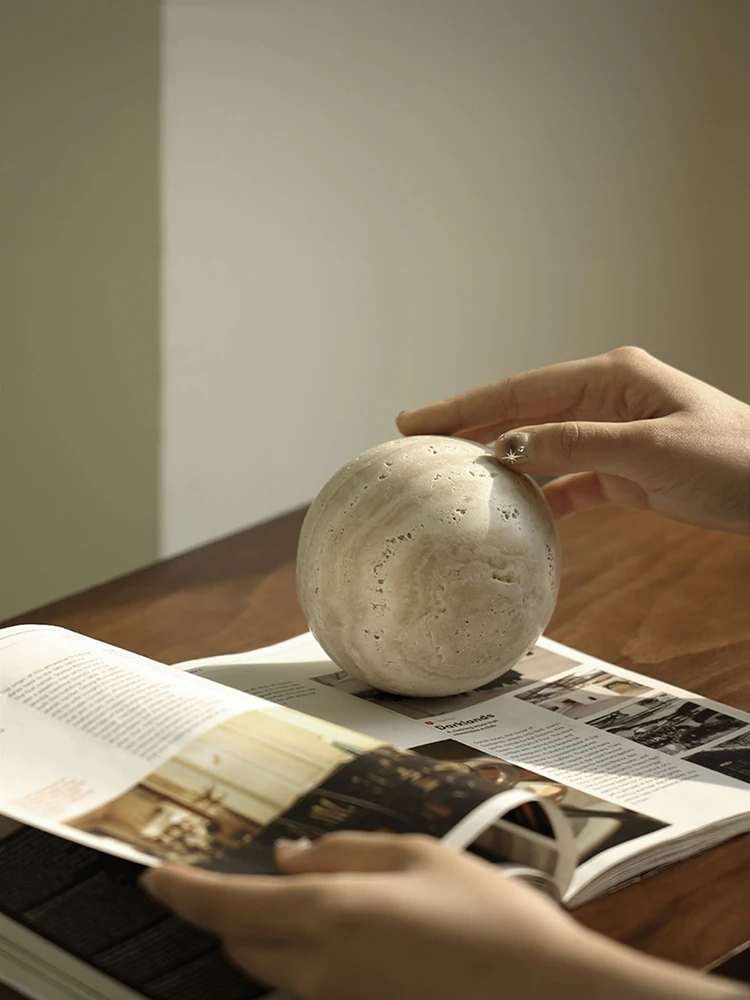 Natural Marble Stone Ball Decor for Table and Shelf Vintage Travertine Sphere Sculpture for Home Decoration