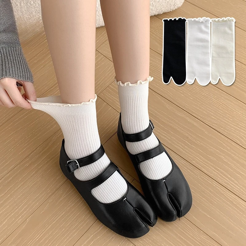 Tabi-Zehensocken für Damen im japanischen Stil, einfarbig, süße Rüschenrand-Zwei-Zehensocken, JK, atmungsaktive, schweißabsorbierende, dünne Baumwollsocken