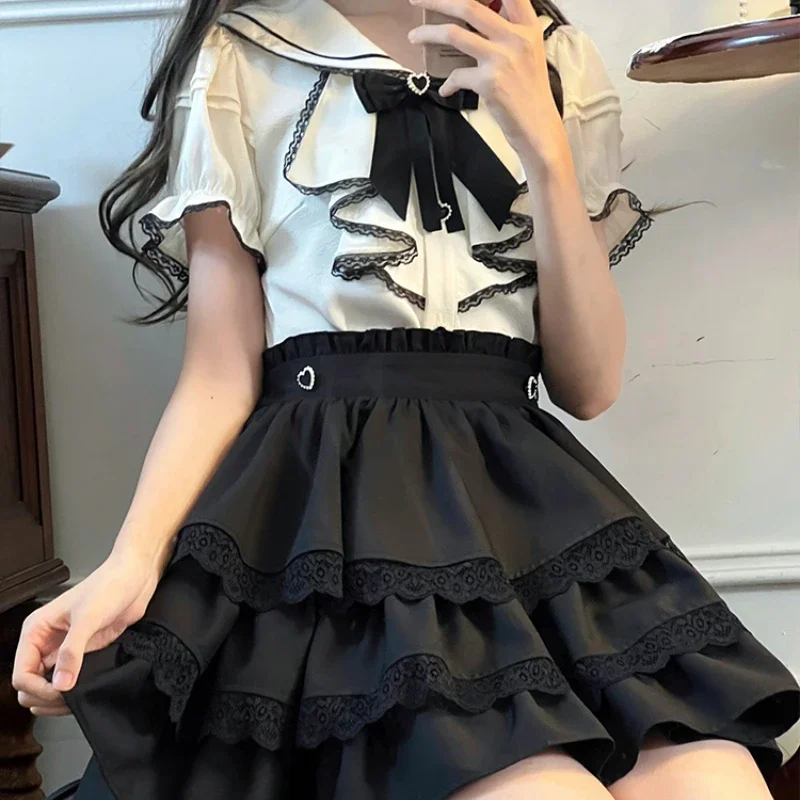 Japanese Jk Uniform Original Design Casual Style Sailor Collar Retro Horn Sleeve Bow Solid Color Top Black Cake Skirt Set Girl