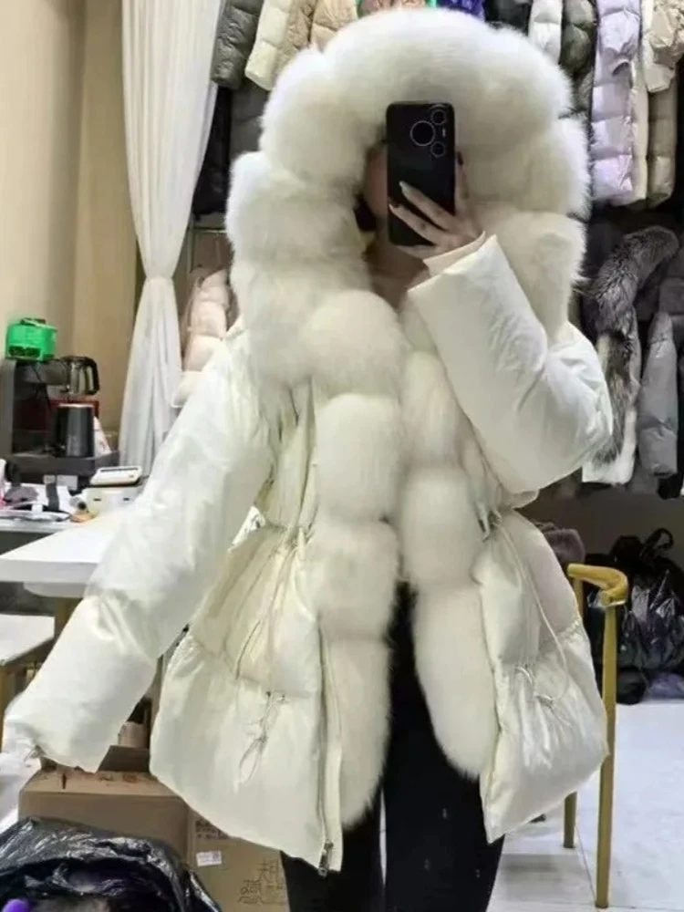 2025 nova jaqueta de inverno feminina grosso quente oversized 90% pato branco para baixo grande casaco de pele real natural pele com capuz puffer parka