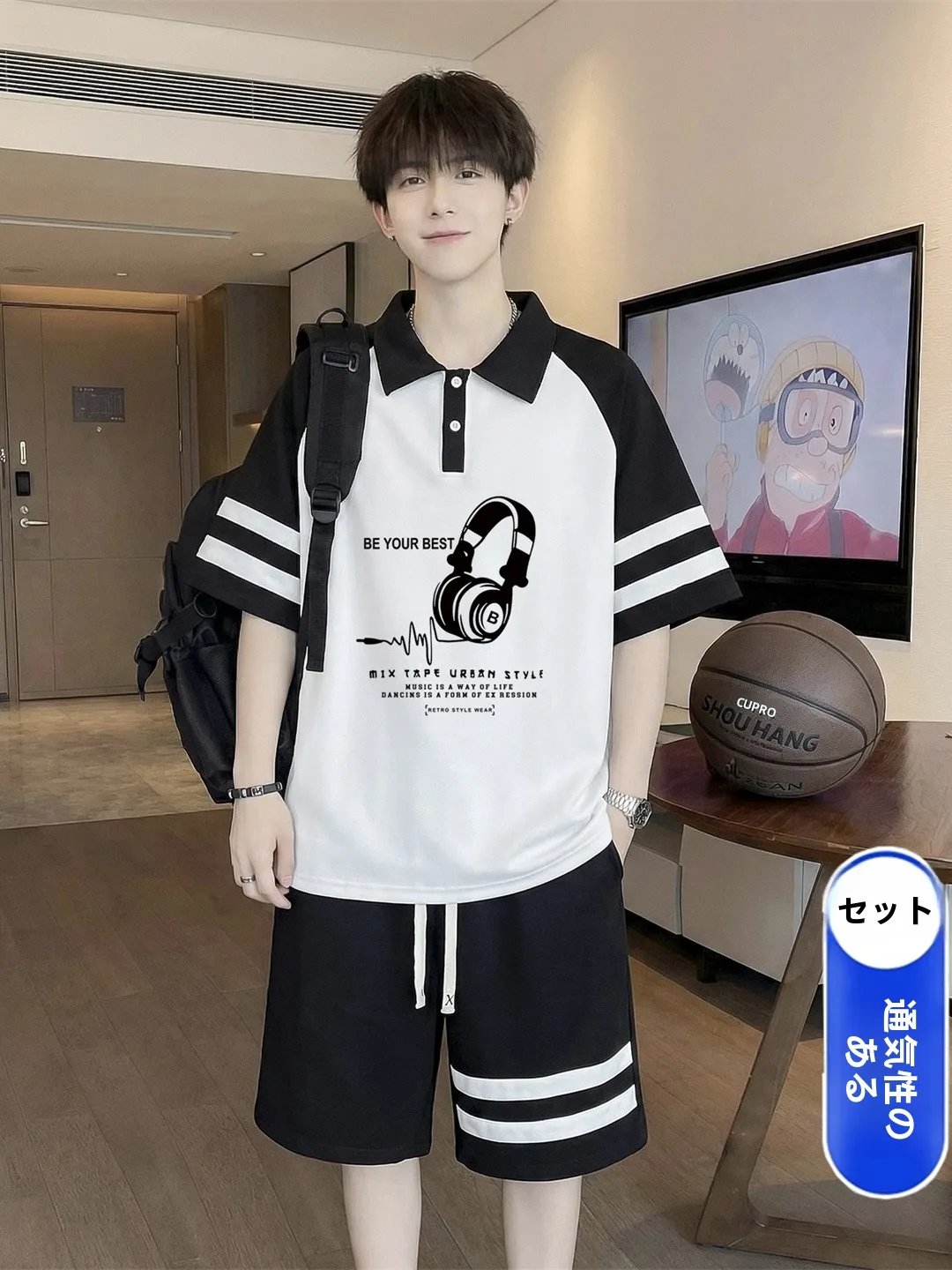 夏用半袖ポロシャツ-男の子向け-トレンド学生スポーツウェアセット-綿混紡生地-五分丈パンツ-ポリエステル繊維