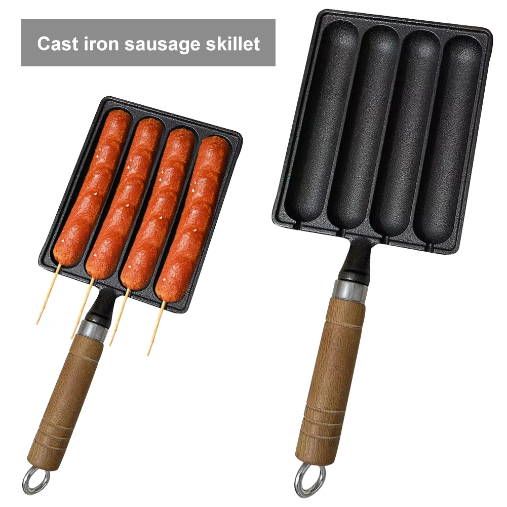 

Cast Iron Hot Dog Mold Pan Pot for Grilled Sausage with Wooden Handle Anti Scald BBQ Supply Grilled Pot Vertical Sausage Fry Pan