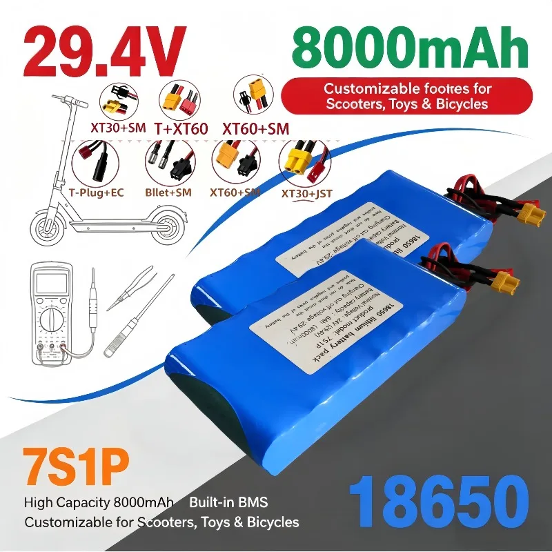 7S1P 24V 8000mAh 18650 Rechargeable Battery Pack, 29.4V, Built-in BMS Customizable for Scooters & Bicycles