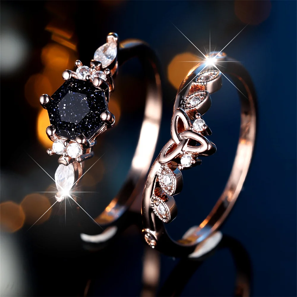 2pcs/set Luxury Crystal Hexagon Stone Engagement Promise Ring Sets For Women Rose Gold Color White Zircon Flower Wedding Jewelry