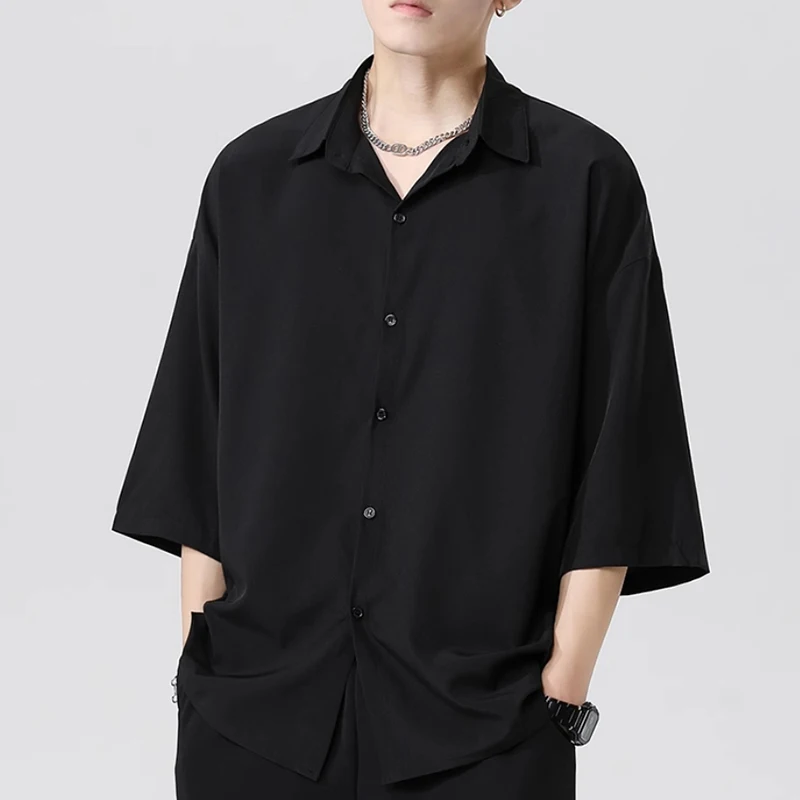 All-in-one shirt lapel solid color shirt fashion pendent five-point sleeve simple male trend casual short-sleeved top