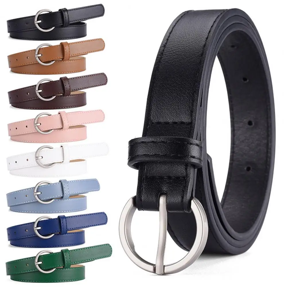 Solid Color Jeans Belt Stylish Women's Adjustable Faux Leather Belt with Round Buckle for Dresses Shirts Jeans Multi Holes Thin