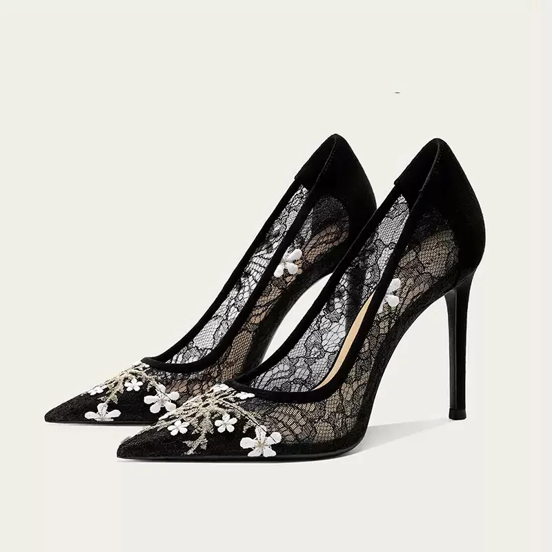 New Black Sexy Lace Mesh High Heels Women's Fine Heels Pointed Shallow Mouth Single Shoes Women's Temperament Women's Shoes