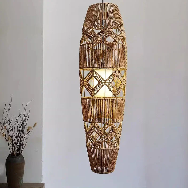Japanese Wabi Sabi Retro E27 Hemp Rope Rattan Weaving Floor Lamp Homestay Living Room Bedroom  Home Decor Handmade Pendant Light