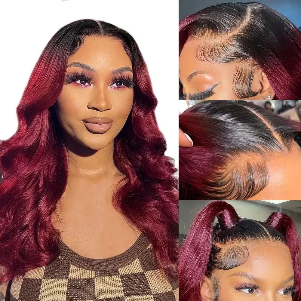 Omber 1B/99J Body Wave HD Lace Front Wig 180% Brazilian Wear and Go Burgundy 5x5 Pre Cut Lace Closure Bling Hair Human Hair Wigs