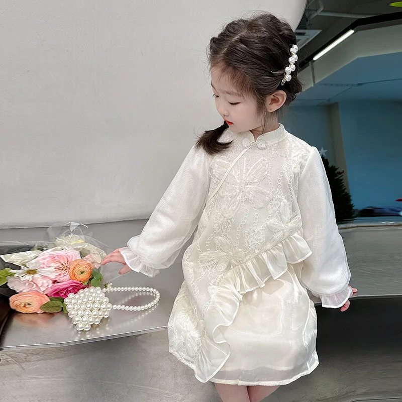 

Girls Dress Spring Hanfu 2024 New Foreign Style Spring Girl Baby Antique Skirt Spring Cheongsam Children White Solid Dress