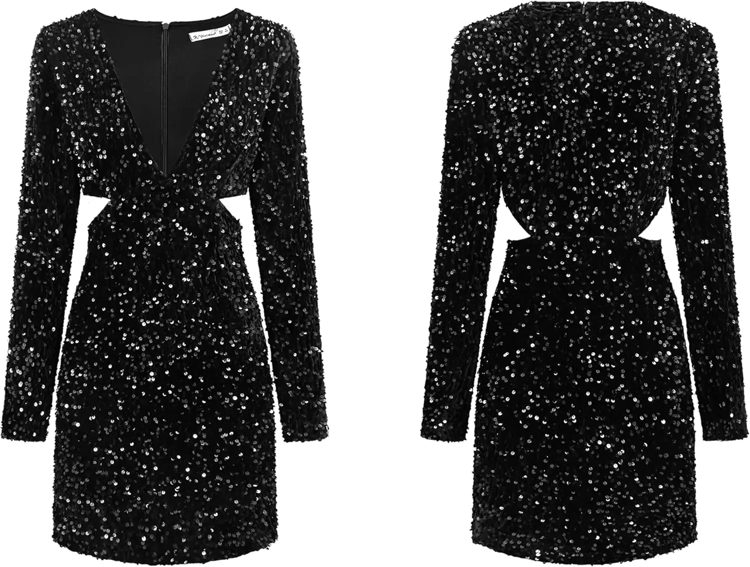 Dames glitter pailletten feestjurken herfst winter lange mouw sexy diepe v-hals uitgesneden sprankelende club fluwelen mini afstudeerjurk