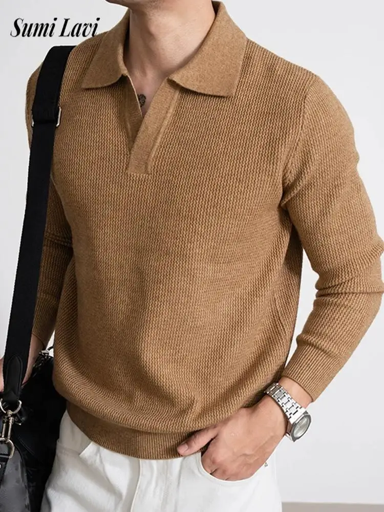 

Однотонные вязаные рубашки поло для мужчин, весна-осень 2026, повседневные повседневные тонкие джемперы с длинными рукавами, мужские модные свитера поло