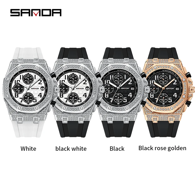 SANDA 7026 Men\'s Quartz Watch Fashion Leisure Diamond Luminous Date Analog Display Silicone Strap Wrist Watches for Male Gift