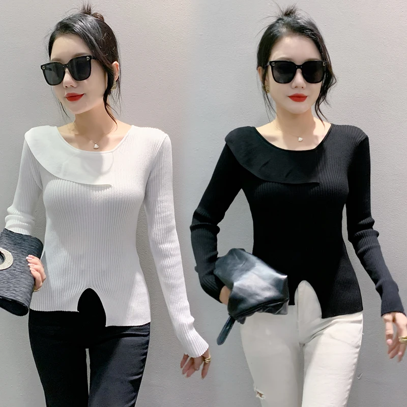 MadBlack European Clothes Sweater Women Slant Collar Slim Slit Rib Knit Top Long Sleeve Pullovers Autumn Spring T38069JM