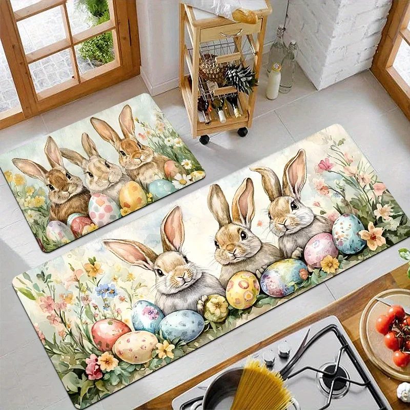 1PC Kitchen Rugs, Easter Bunny and Floral Egg Print Wearable Kitchen Floor Mats - Polyester Fleece Floor Mats for Bathroom, La