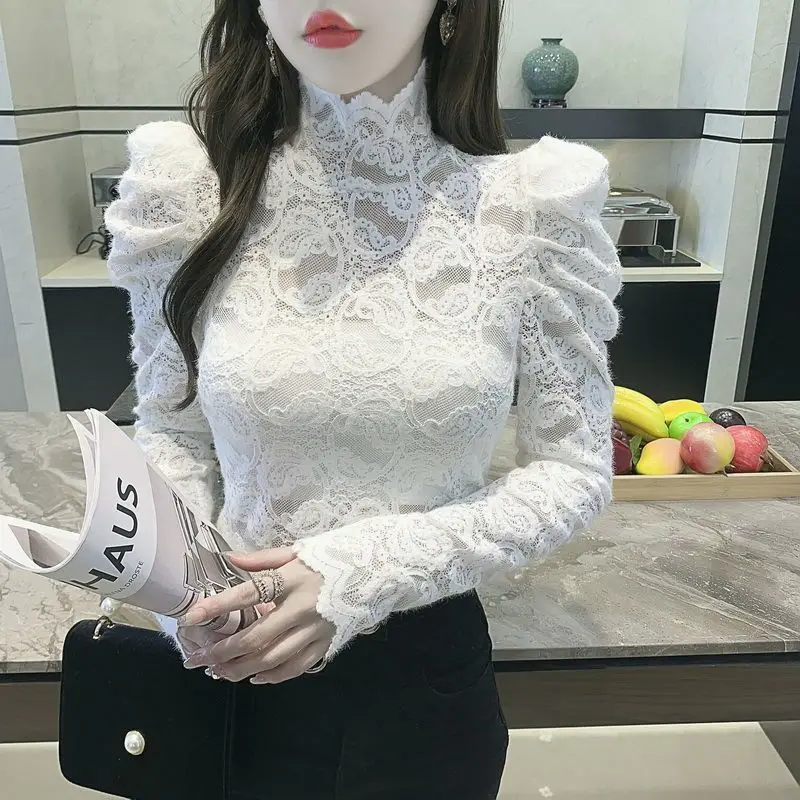 Elegant Lace Hollow Out Spliced Puff Sleeve Tops Shirt Autumn Winter Vintage Elegant Korean Turtleneck Mujer Sweet Lace Shirts