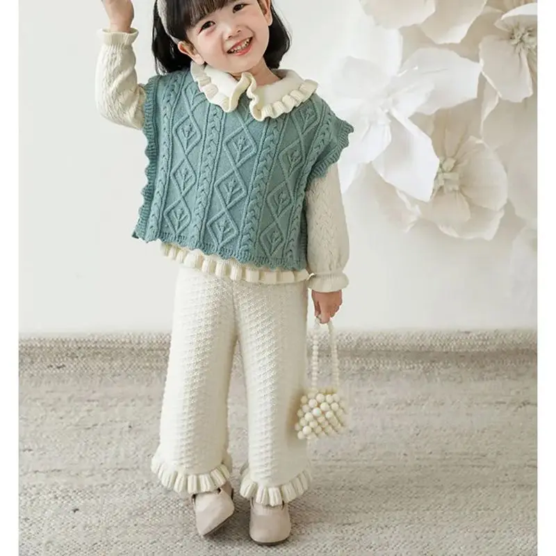 Spring Autumn Toddler Baby Girl Knit Wide Leg Pants Kids Loose Cute Lace Soft Pants for Girls Infant Girl Fall Trousers 1-10Year