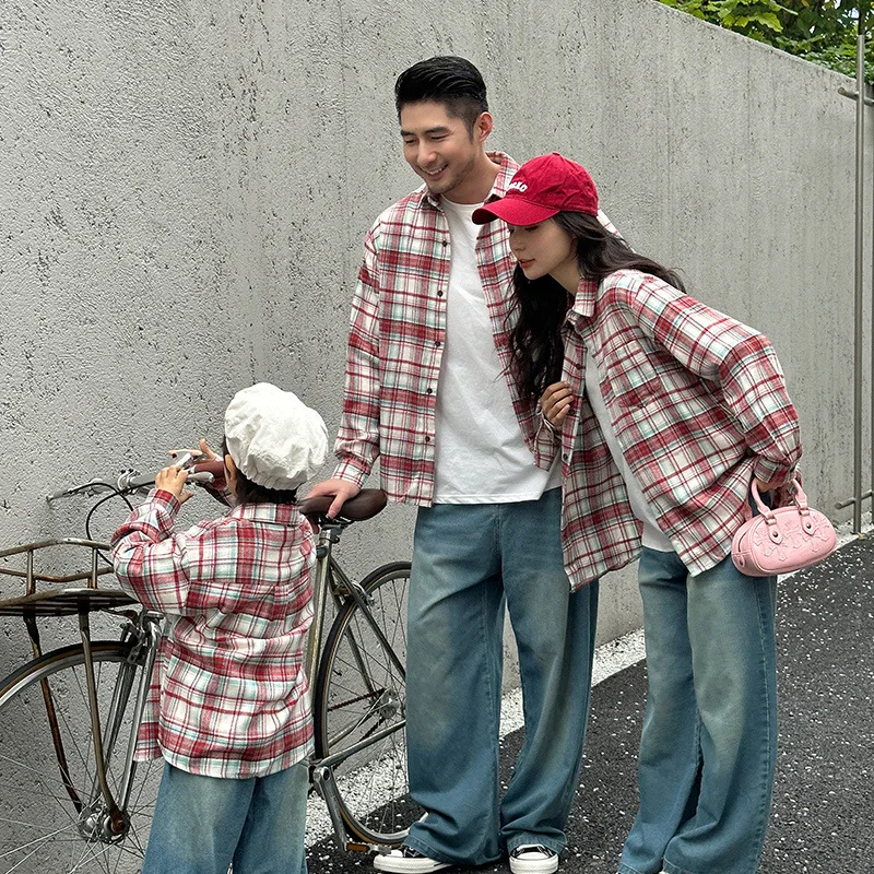 

Matching Family Red Plaid Shirts Dad Mom and Boys Girls Fashion Jacket Korean Father Mother and Daughter Son Same Clothing Tops