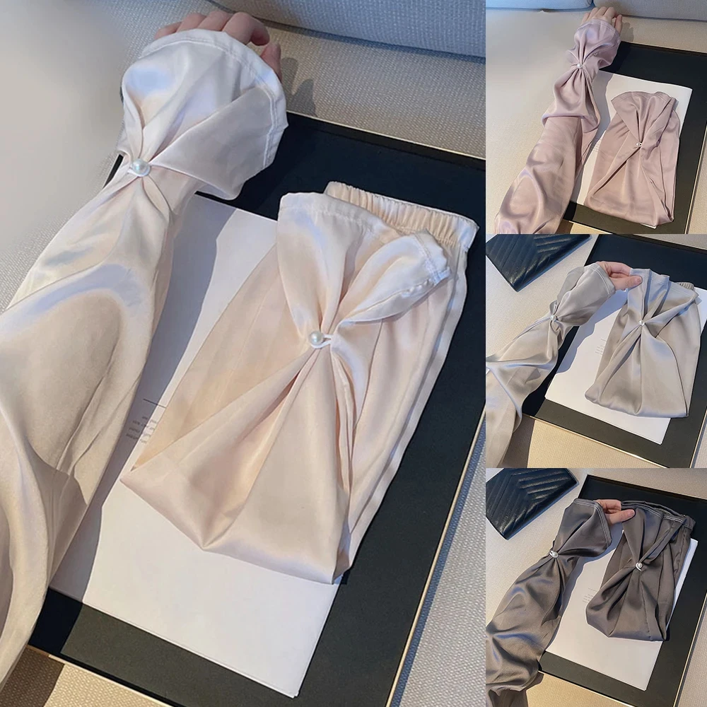 

Sun Protection Silk Fabric Sleeves Thin Pearl Breathable Long Arm Sleeves Hand Sleeves UV Protection Yarn Arm Sunscreen Covers