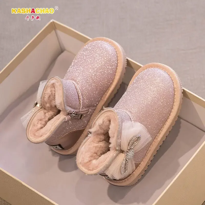 

Rhinestone Sequins Kids Fashion Winter Boots Princess Child Winter Cotton Plush Glitter Boots with Bow Classic Girls Snow Boots