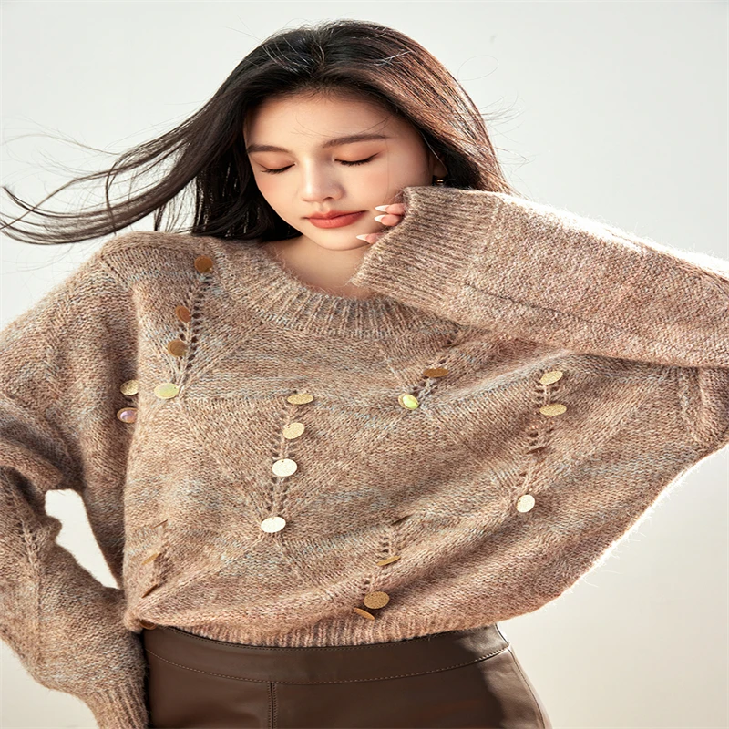 2024 Fashion Autumn Winter Soft Mohair Knitting Loose Pullovers New Sweet Women O Neck Sequins Hollow Out Thick Sweaters Jumper