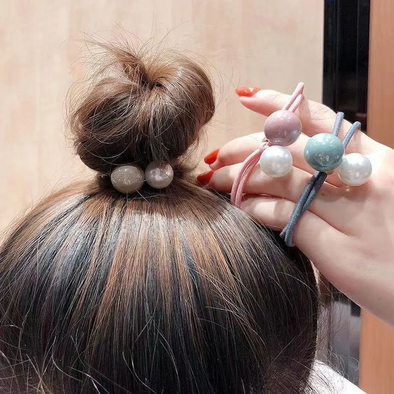 5PCs Girls Scrunchies Bead Pearl Elastyczne opaski do włosów Prosta dwuwarstwowa opaska do włosów Gumki do kucyków Akcesoria do włosów — zdjęcie 7