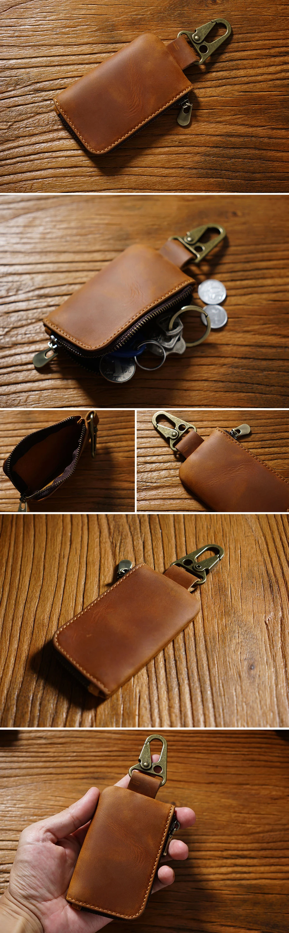 Multifunktionale Leder-Geldbörse mit Schlüsselanhänger, Ring, Schlüsselhalter, Geldbörse mit Karabinerhaken für Münzen, Schlüssel und Karten, Mini-Geldbörse – Detail 1