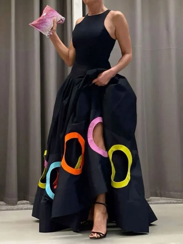여성 서클 중공업 Pleated a 라인 탱크 드레스 여름 캐주얼 하이 스트리트 우아한 패션 라운드 넥 민소매 여름 드레스