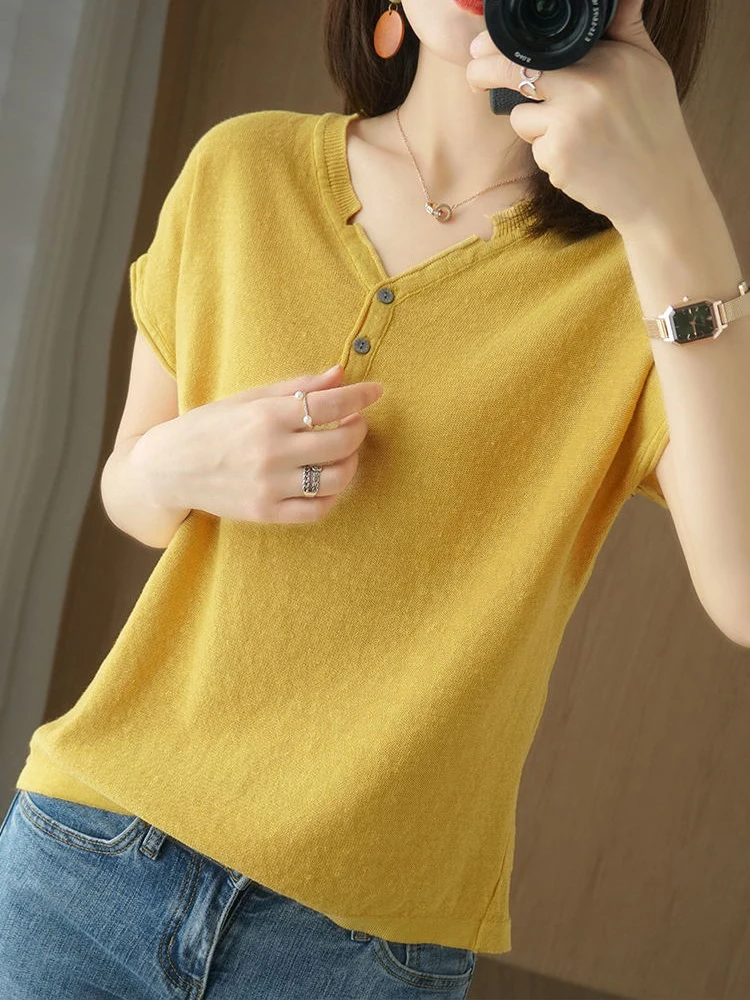 2024 Short Sleeves Womens T-shirt Button V Neck Cotton Linen Loose Tshirt for Female Basic Solid Casual Top Tees Summer