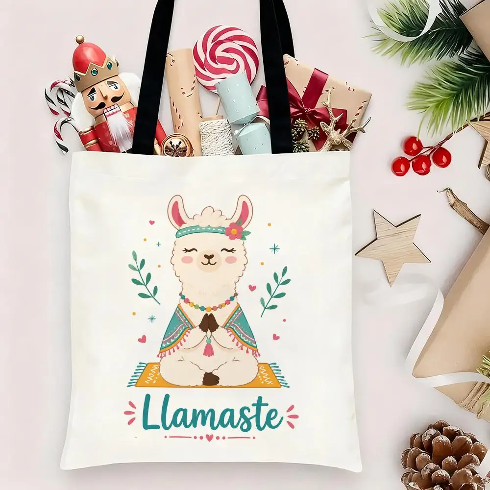 Cute Alpaca Animal Storage Bags Canvas Tote Bag Double-Sided Print Durable Shoulder Handbag for Festival Party Gift