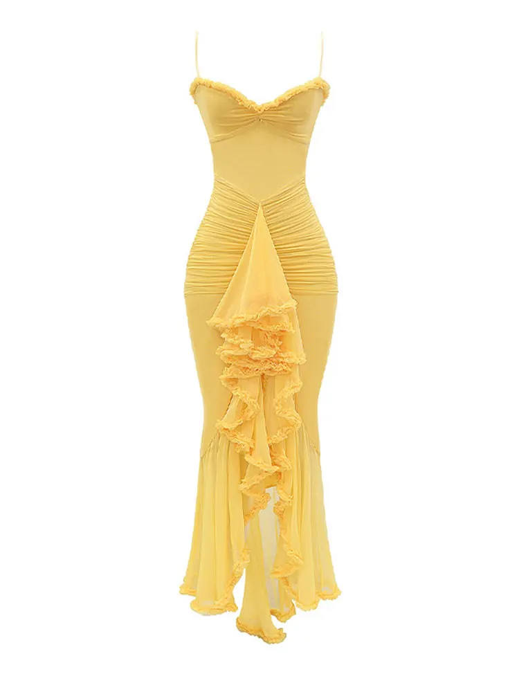 Women Yellow Irregular Ruffles Pleated Mesh Sling Party Dress Sexy Sleeveless Backless Slim Robes Female Elegant Wedding Dresses