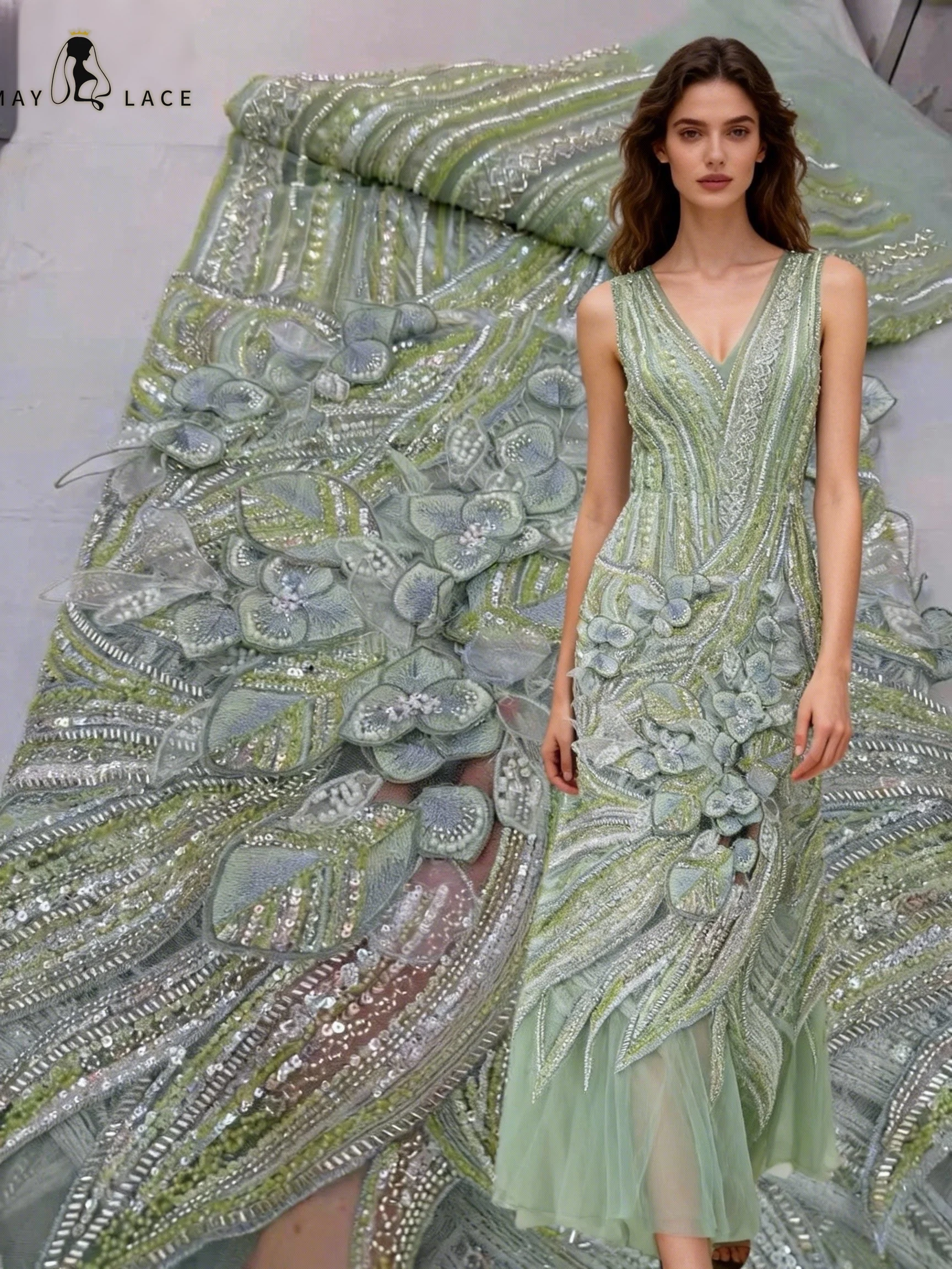 

African Bead Lace Fabric 2026 High Quality Nigeria French 3D Mesh Lace Fabric Embroidered Dubai Lace Sequins For Wedding Dress