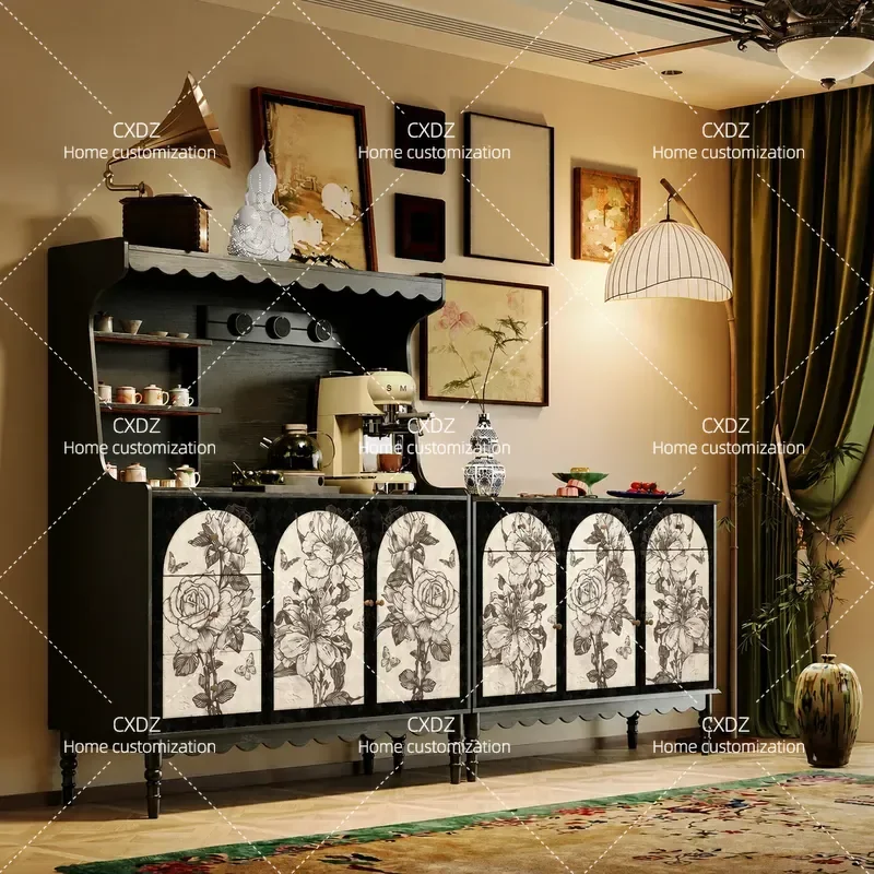 Medieval Style Side Cabinet with Painted Floral Door Living Room Storage Locker Household Entrance Console Table Organizer