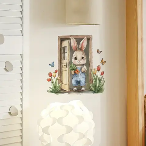 페인트 나무 문 토끼 벽 스티커 침실 배경 장식 벽화 귀여운 토끼 어린이 방 홈 장식 자기 접착 데칼