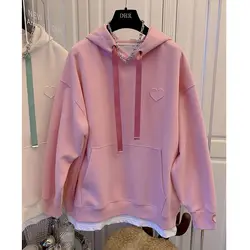 High Quality Hoodies Women Spring Autumn Trend Hooded Coat Fashion Embroidered Fake 2-piece Hoodie Loose Design Splicing Top Y2k