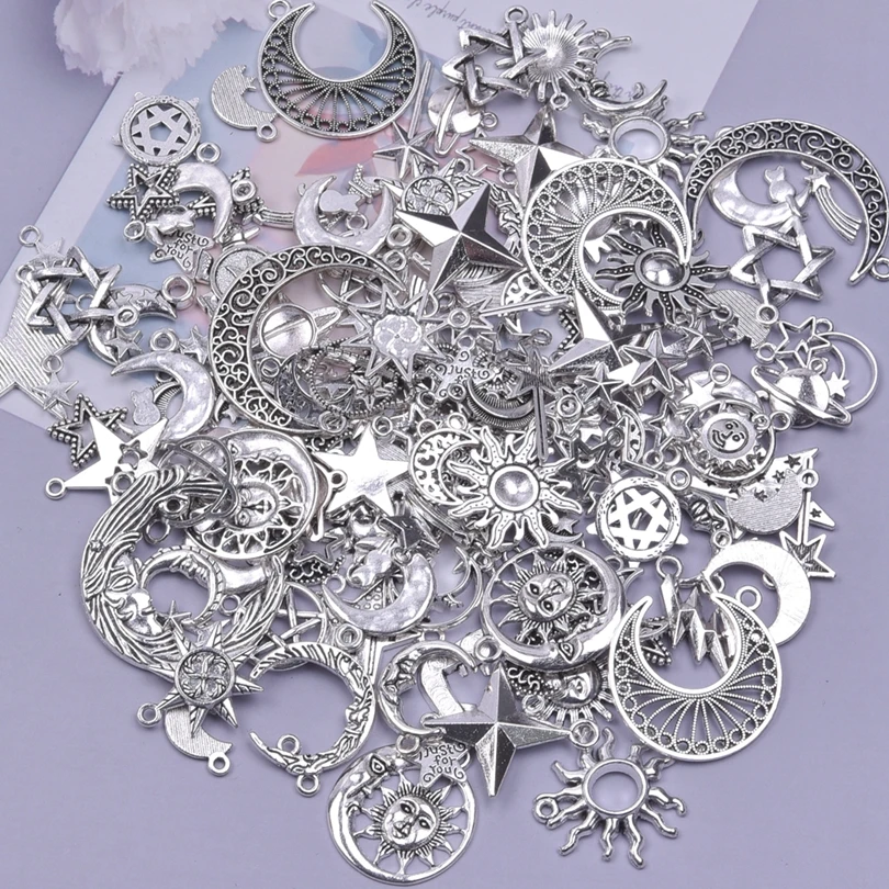 50 teile/los Zufällige Mischung Sonne Mond Stern Anhänger Charms Für Schmuck Machen Liefert Metall Zubehör DIY Armbänder Halskette Anhänger