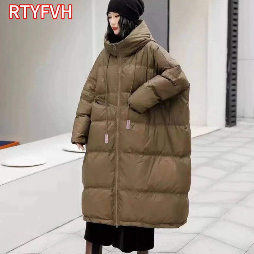 Casaco longo de grande envergadura feminino, jaqueta de pato branco, Parkas soltas com capuz, outwear feminino quente, grosso, novo, inverno, 2022