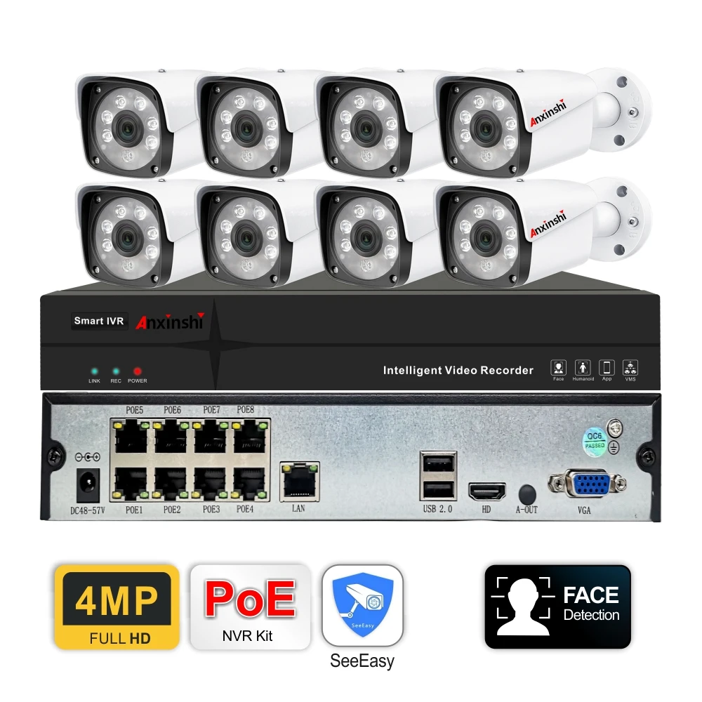 kit de sistema de camera poe caixa de metal impermeavel deteccao de rosto nvr grupo camera cctv 4mp h265 4ch 8ch ip 01