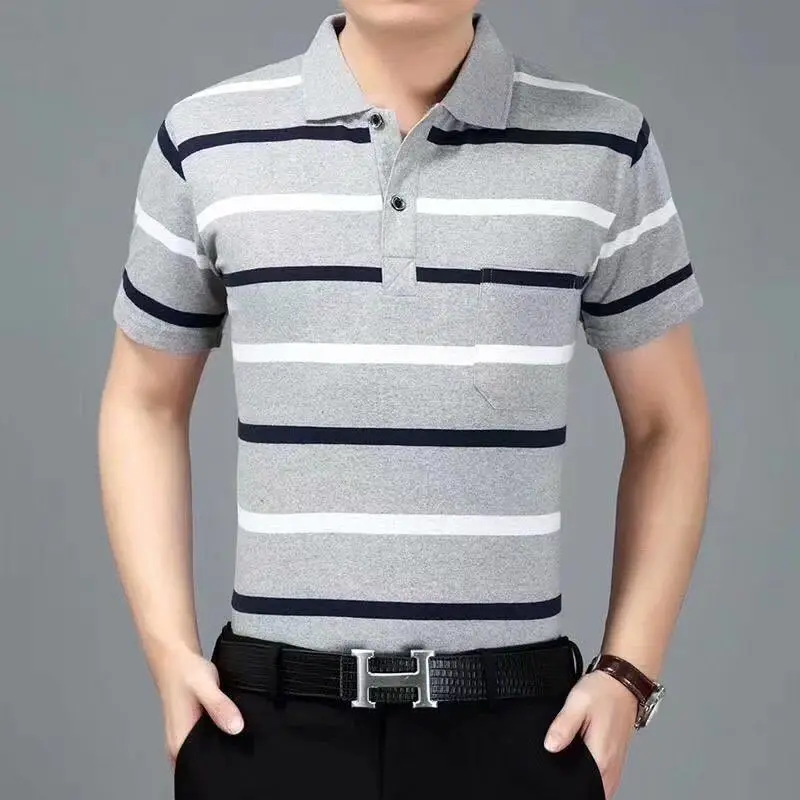 Fashion Men Summer Casual Striped Polo Shirts Streetwear Basic Business Male Clothes Quick Dry Cotton Loose Short Sleeve Tops