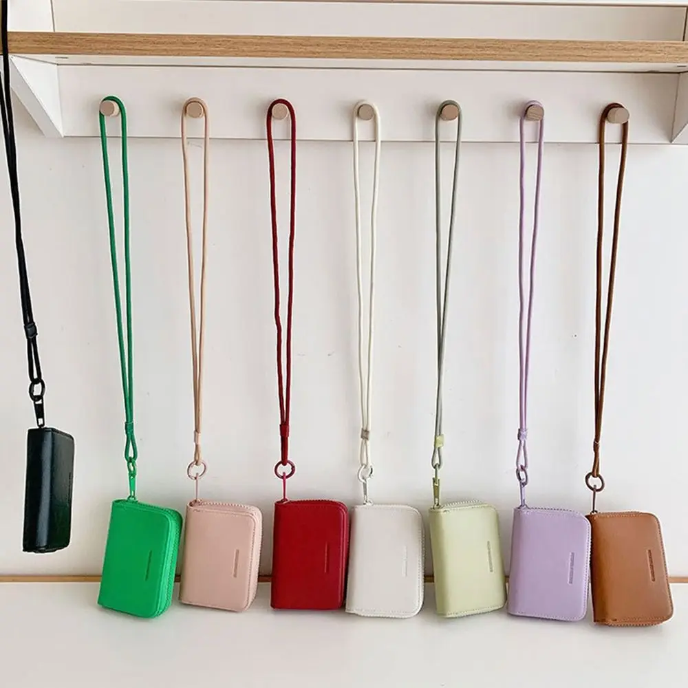 

Ins Men Women Neck Wallet Pu Leather Solid Color Short Wallet Zipper with Lanyard Student Purse Card Bag