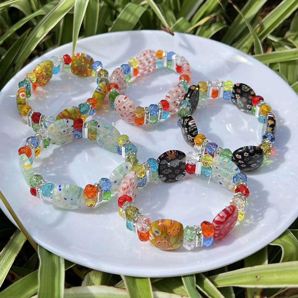 1PCS Fashion Millefiori Glass Muran Floral Lampwork Colour Flower Crystal Bracelet For Women Party Jewelry Gift Cheap Items